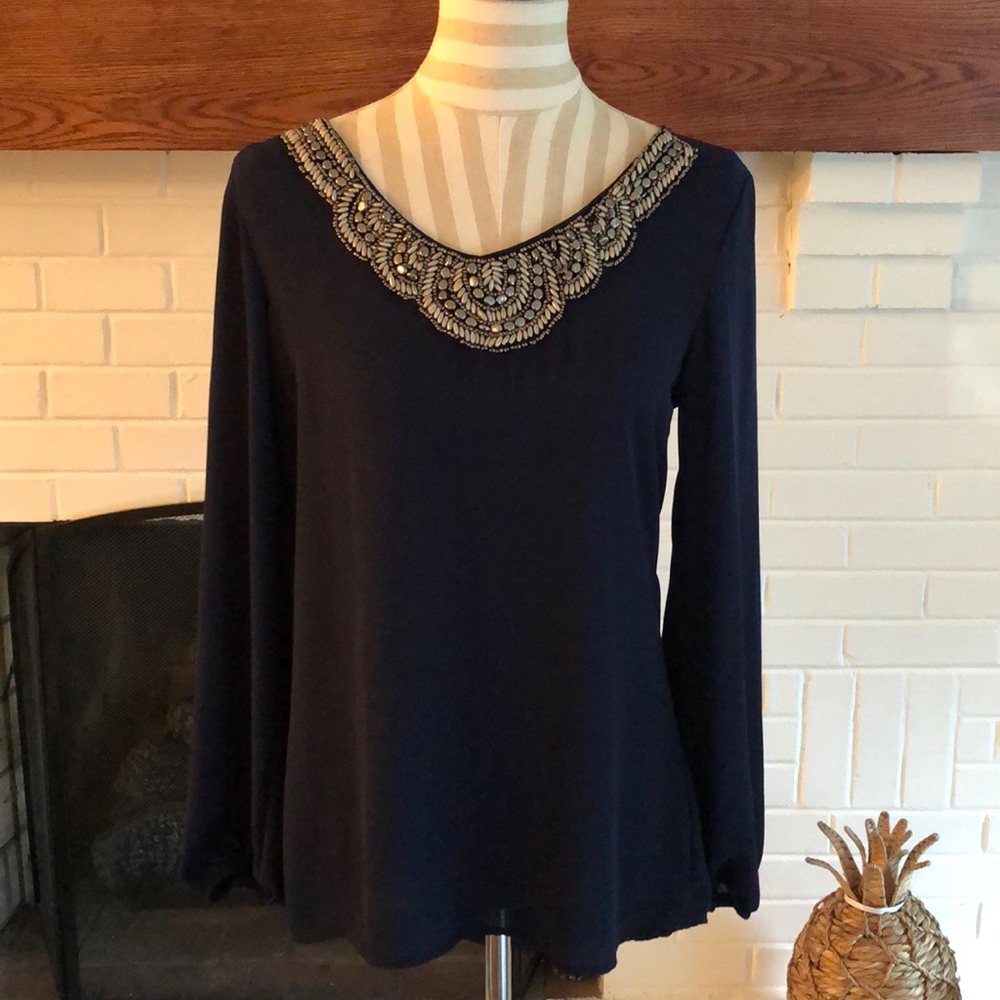 Navy Beaded 3/4 sleeve hi-lo blouse